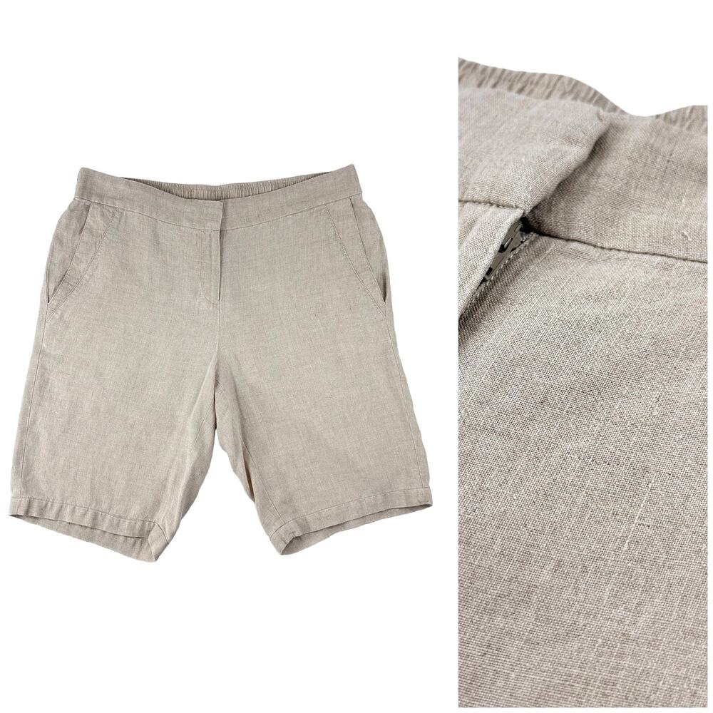Eileen Fisher Linen Shorts Womens M Beige High Rise 6.5" Inseam Organic Coastal